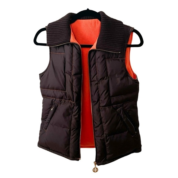 TORY BURCH Quilted Reversible Puffer Vest Brown Orange Sz XS - Picture 1 of 7